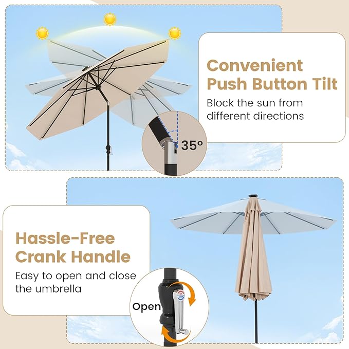 Tangkula 10 FT Solar Patio Umbrella, Outdoor Market Table Umbrella with 96 Multi-Colored Flowing LED Lights, 9 Modes, Tilt Adjustment, Crank Handle, 8 Ribs, Vented Top for Backyard Poolside Deck Lawn