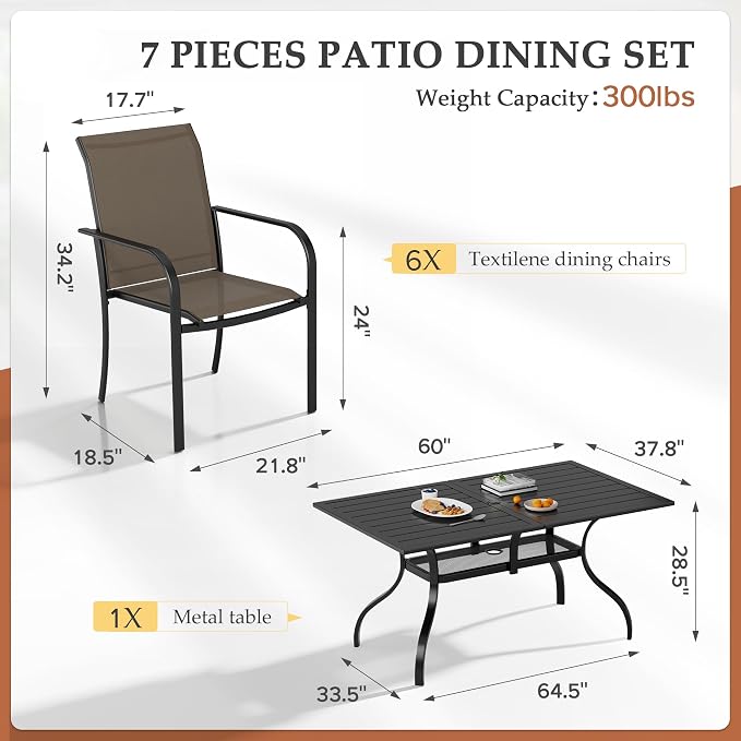 7-Piece Patio Dining Set,6 Person Outdoor Table and Chairs Set, 6 Metal Dining Chairs and Rectangular Outdoor Table with 1.57" Umbrella Hole,Khaki