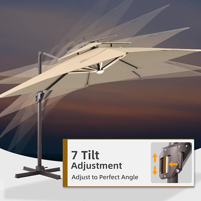9x12 FT Patio Umbrella with LED Lights Cantilever Outdoor Large Heavy Duty Rectangle Aluminum Offset Umbrellas Double Top 360 Rotation 7 Tilt Adjustment for Pool Deck Garden, Beige