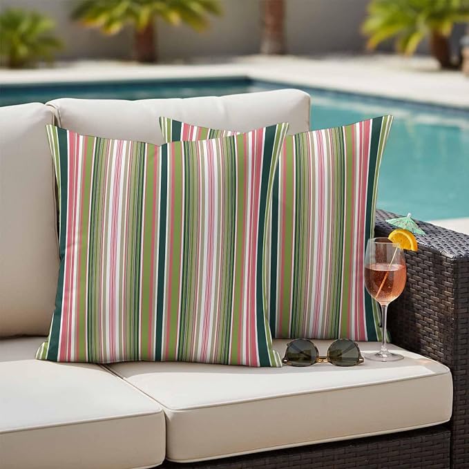 Outdoor Waterproof Throw Pillow Covers Set of 2 Sage Green Striped Pillowcases 20x20 Inches Geometric Pink Stripes Decorative Pillows Cushion Case Patio Pillows for Couch Bed Chair Garden