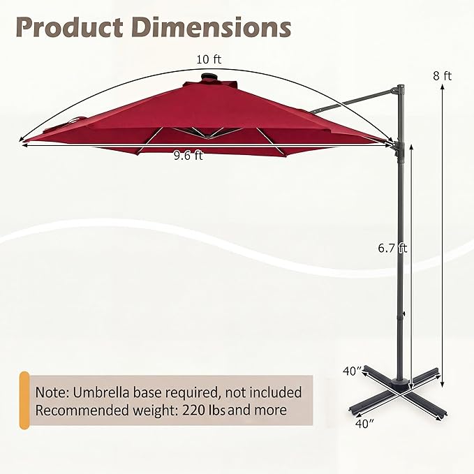 HAPPYGRILL 10 FT Patio Umbrella with Solar Lights, Outdoor Offset Cantilever Umbrella with White LED Lights, 360 Degree Rotation, Air Vent for Pool Deck Garden Backyard