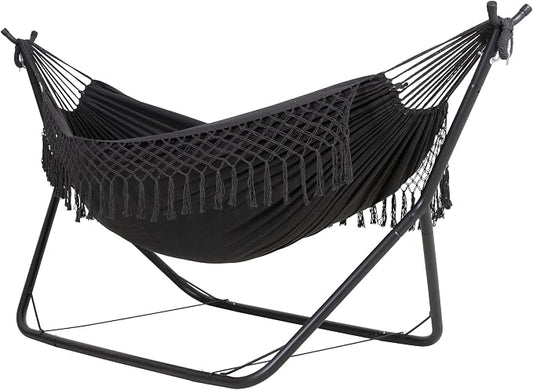 ANOW Double Space Saving Hammock with Stand, Dark Gray with Tassels | Height Adjustable, Portable, Heavy-Duty Steel Stand, Indoor Outdoor Use, 475 Lbs Capacity
