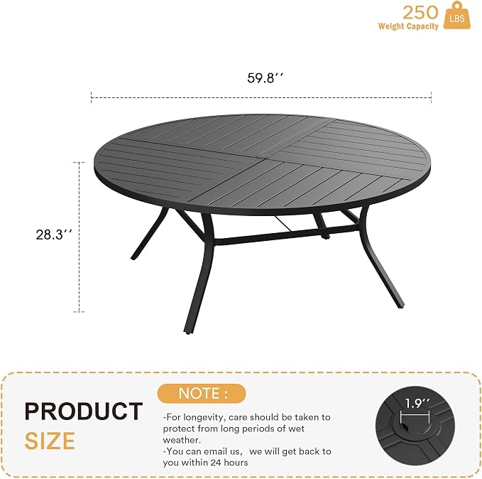 VICLLAX Round Patio Table with Adjustable Umbrella Hole for 8, All Weather Metal Outdoor Dining Table for Lawn Garden, 59.8" Outdoor Coffee Table, Black Tabletop