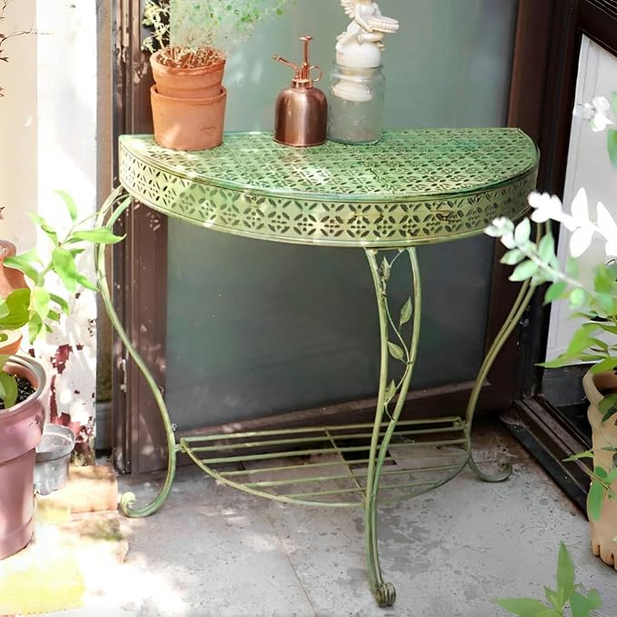 Outdoor Half-Moon Patio Console Table, 2 Tier Iron Half Round Garden Porch Table, Antique All-Weather Mid Century Tables(Green)