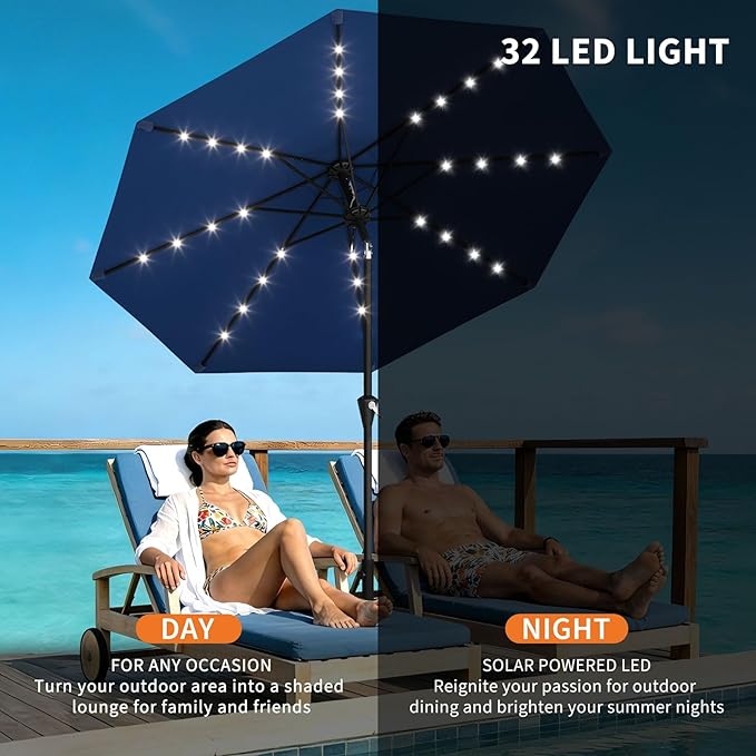 Garvee 9FT Solar Patio Umbrella with 32 LED Lights - Outdoor Table Umbrella with Crank Lift, Push Button Tilt and 8 Sturdy Ribs - Market Umbrella UV Protection for Pool, Deck, Yard, Garden -Navy Blue