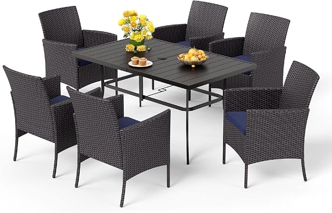 MFSTUDIO 7 Pieces Patio Wicker Outdoor Rattan Dining Furniture Set for 6, Outdoor Furniture Rectangular Dining Table and Chairs Set, Patio Wicker & Metal Dining Set for 6 and Chairs