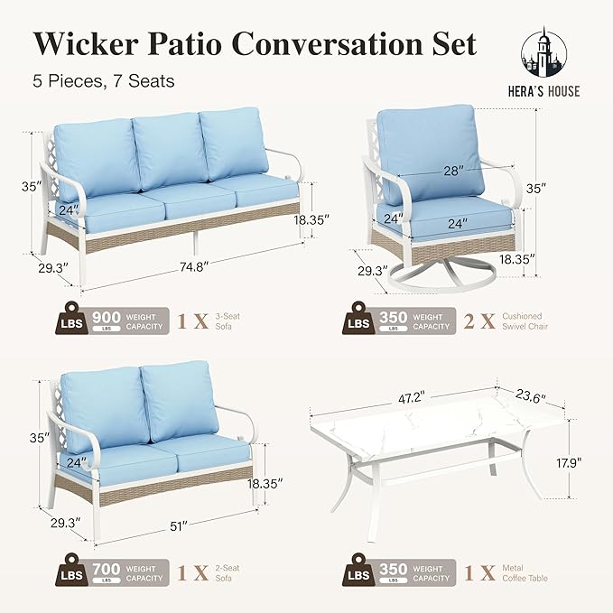 HERA'S HOUSE 5 Piece Metal Patio Furniture Set, 7 Seats All Weather Outdoor Conversation Set, 3 Seat Sofa with Loveseat, 2 Swivel Chairs, Coffee Table for Backyard, Garden, Deck, White/Blue