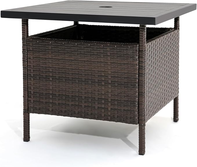 LDAILY Patio Table Umbrella, Outdoor Table with Umbrella Hole, Rattan Patio Side Table with Steel Umbrella Hole, HDPE Desktop & Metal Frame for Deck Garden Poolside Backyard Balcony, Mix Brown