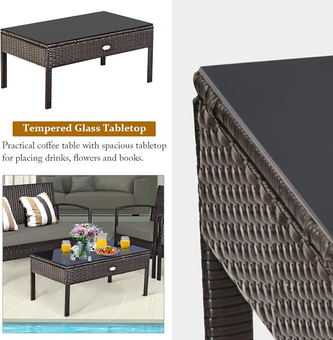 Outdoor Conversation Set 4 Pieces Patio Furniture, Wicker Patio Chair Sofa Set with Water-Resistant Dark-Brown Cushion & Tempered Glass Table for Backyard, Balcony, Porch(Brown)