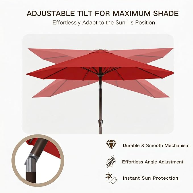 Kingdura 9FT Outdoor Patio Umbrella, Market Table Umbrella with Push Button Tilt and Crank, 8 Sturdy Fiberglass Ribs, UV Protection for Pool, Lawn, Deck, Backyard, Garden (Red)