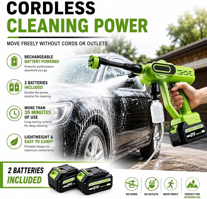 2026 Upgrade Cordless Portable Pressure Washer,1800 Psi Battery Powered Power Washer,Cordless Pressure Washer with 6-in-1 Nozzle,16.5ft Drain Hose & Foam Cannon,for Car,Home,Patio (C, 10 Battery*2)