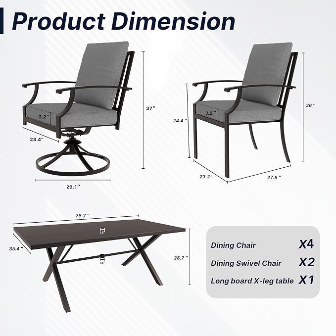 7 PCS Outdoor Patio Dining Set,Patio Table and Chairs Metal Outdoor Patio Furniture Set with Umbrella Hole,Dining Table Set with Swivel Chairs for Deck,Backyard and Garden,Grey
