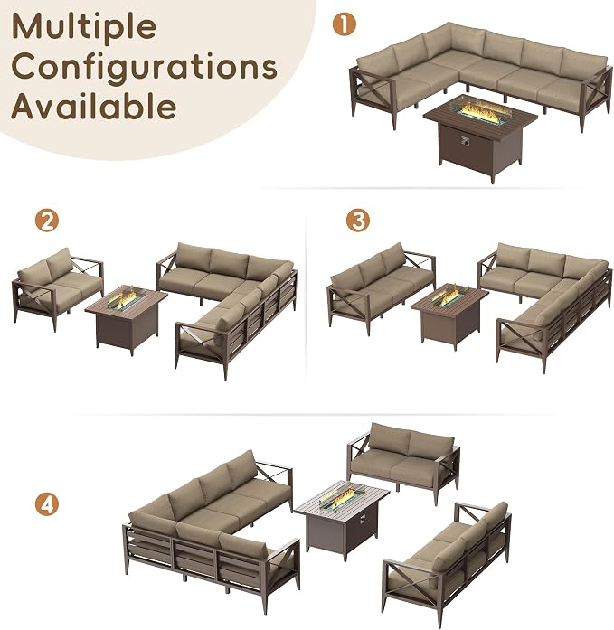 Outdoor Sectional Sofa Set with Fire Pit Table 6 Seat Patio Conversation Set Aluminum Patio Furniture for Backyard Deck Garden