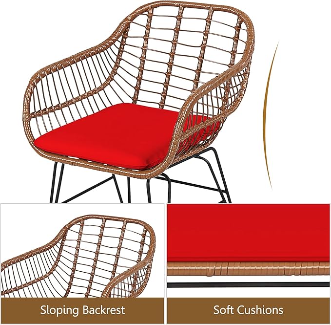 DORTALA 3 Piece Patio Bistro Set, Outdoor Wicker Furniture with Round Tempered Glass Top Table & 2 Rattan Armchairs, Cushions, Conversation Set for Porch, Backyard, Garden, Red