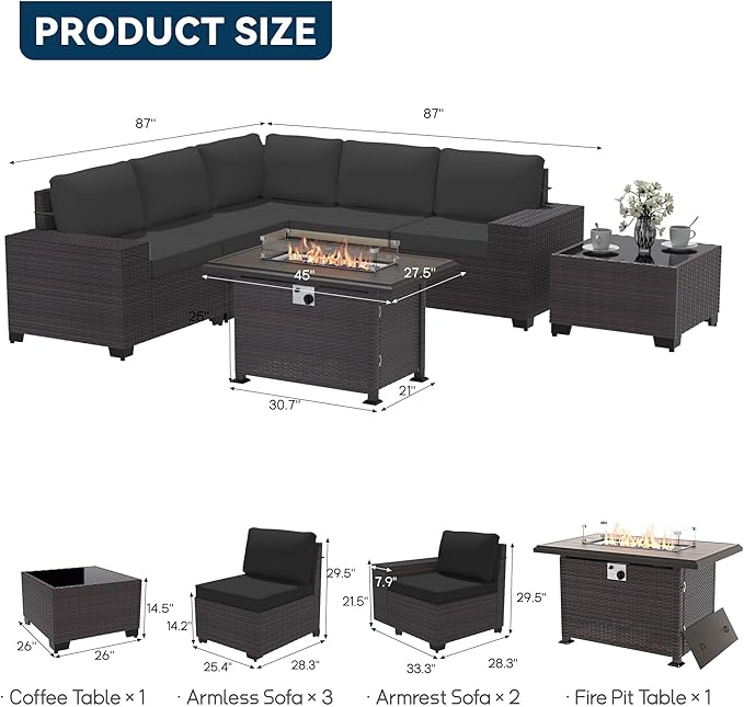 Patio Furniture Set 7 Pieces Outdoor Furniture Patio Conversation Set w/43in Gas Fire Pit,PE Rattan Wicker 7 Pcs Outdoor Sofa Set w/55000 BTU Propane Fire Pit Table,Black