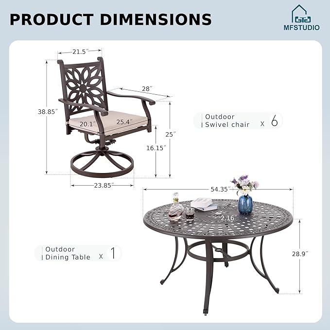 MFSTUDIO Cast Aluminum Patio Dining Set with Swivel Chairs, Outdoor Round Dining Sets for 6, 7 Pieces Cast Aluminum Patio Furniture Round Table and Chairs with Umbrella Hole