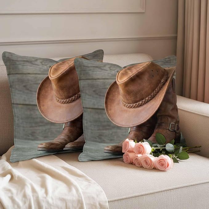 Outdoor Throw Pillow Covers,Western Cowboy Boots Hat Waterproof Decorative Pillowcases Cushion Cover Farm Wooden Plank Pillow Cases for Patio Couch Sofa Bed,16x16in Set of 2