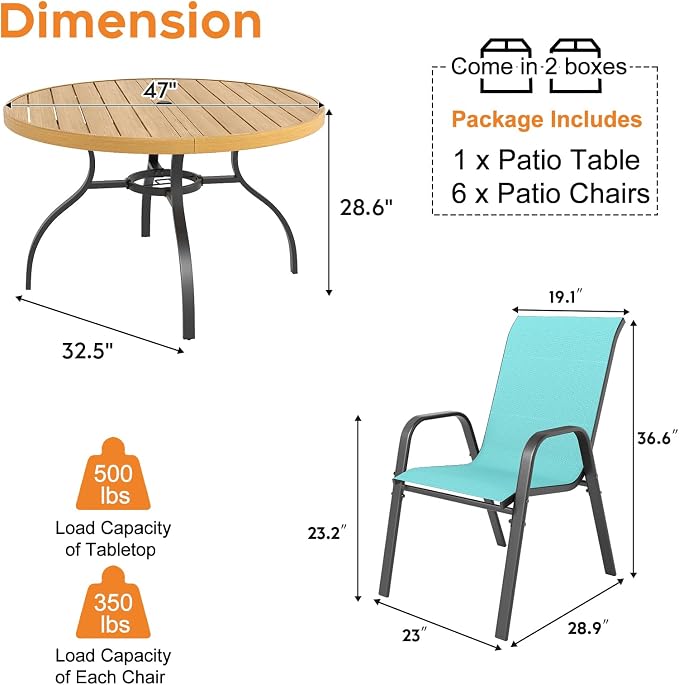 Outdoor Patio Dining Set for 6, 7 Pieces Patio Table and Chairs Set with Umbrella Hole, 47"x 47" Round Metal Wood-Grain Dining Table Set with 6 Stackable Patio Chairs for Deck , Backyard, Porch