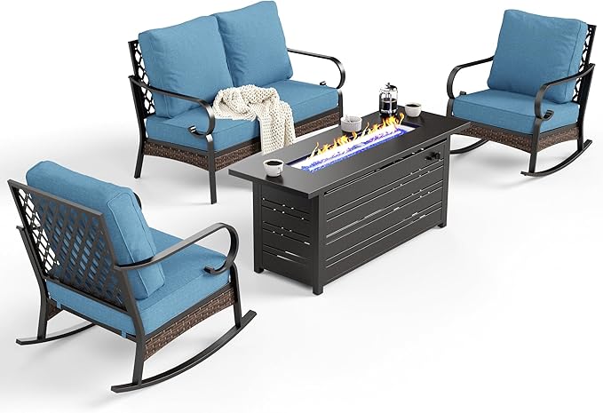 4 Piece Metal Outdoor Patio Furniture Sets with Firepit Table, Patio Conversation Sets 1 2-Seater Sofa, 2 Rocking Sofa with 5.75" Cushion Black Backyard Furniture for Deck, Denim Blue