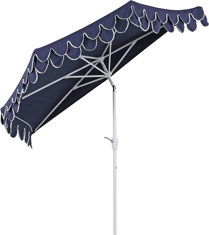 JONATHAN Y Terrace Scalloped 9 ft. Half Round Patio Umbrella with Crank Lift and Tilt, Coastal Semicircle Market Wall Umbrella for Balcony, Navy/White, White Pole UMB1202G