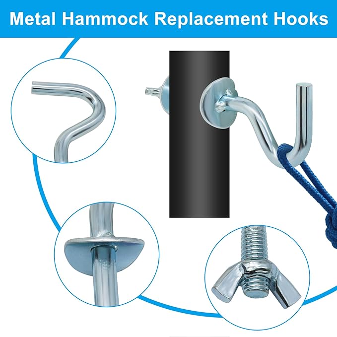 2Pcs Heavy Duty Replacement Hooks Holding Hammock, 3/8 Inch Diameter, Fits 1-1/4 to 2 Inch Long Holes on Hammock Stands, Silver