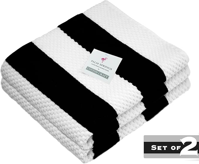 COTTON CRAFT Beach Lounge Chair Cover – 2 Pack Euro Spa Waffle Terry Towel Cabana Stripe Pool Chair Cover - 100% Cotton - 450 GSM Absorbent Quick Dry - Oversized 32 W x 82 L x 7 inch Pocket - Black