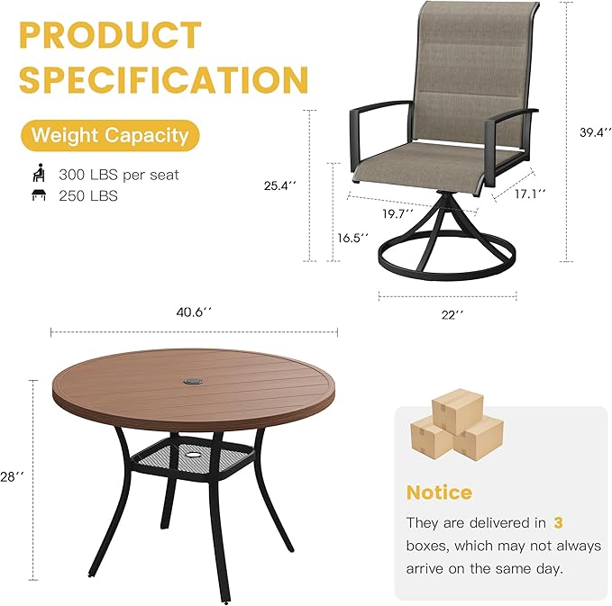 VICLLAX Patio Dining Set for 4, 5 Pieces Outdoor Furniture Set- 40.7" Round Outdoor Table and Swivel Padded Chairs, Walnut Tabletop and Mixed Brown Fabric