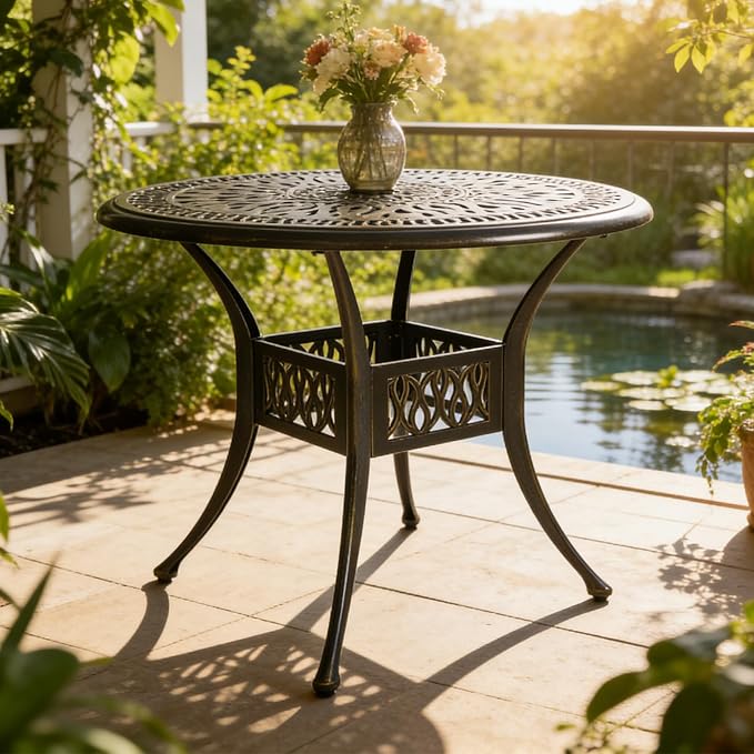 MEETWARM 35.4" Round Patio Dinning Table, Outdoor Cast Aluminum Dinning Table with 2" Umbrella Hole, Dark Bronze