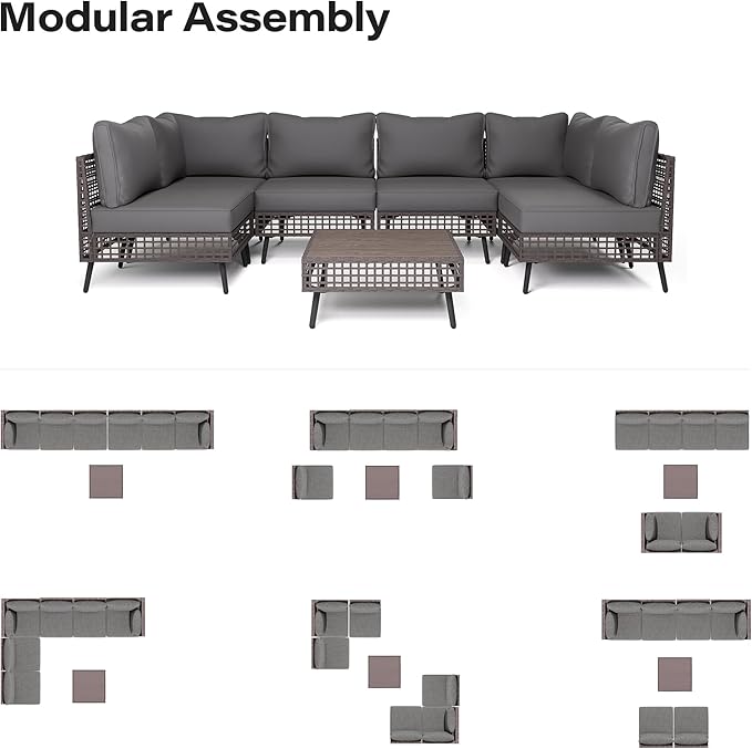 LAUSAINT HOME 7 Pieces Outdoor Sectional Sofa Set, All-Weather PE Wicker Rattan Patio Conversation Set with Thick Cushions & Coffee Table, Patio Furniture Set for Garden, Backyard, Porch (Gray)