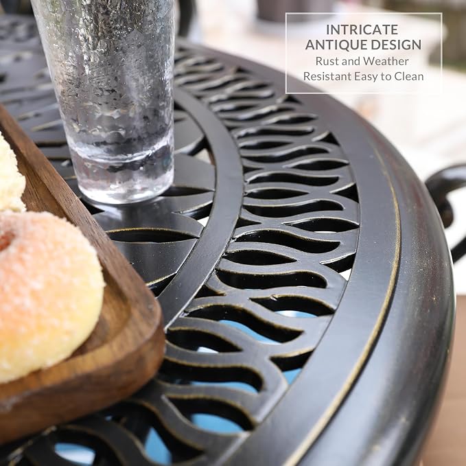 VIVIJASON 5-Piece Outdoor Patio Dining Set, All-Weather Cast Aluminum Conversation Set, Patio Furniture Set, Include 4 Swivel Dining Chairs, a 35.4" Round Table w/Umbrella Hole, Ocean Blue Cushion