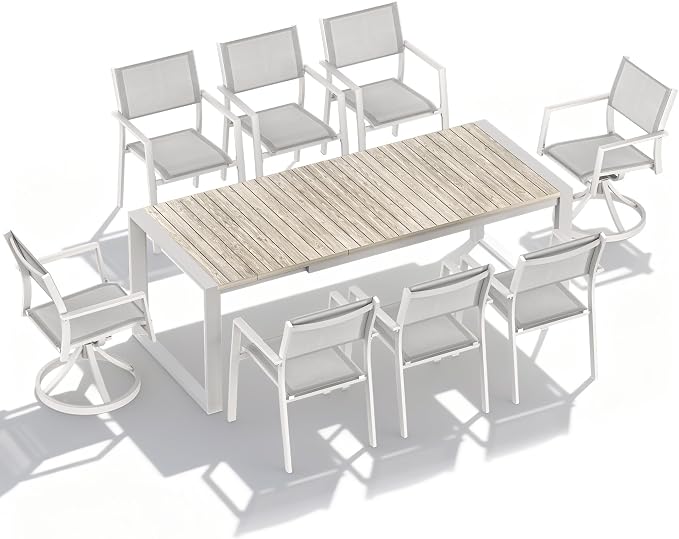 Outdoor Patio Furniture Set 9 Piece, Outdoor Dining Set with Extendable Patio Dining Table, 2 Aluminum Patio Swivel Chairs & 6 Patio Dining Chairs with Armrest for Garden Lawn Deck