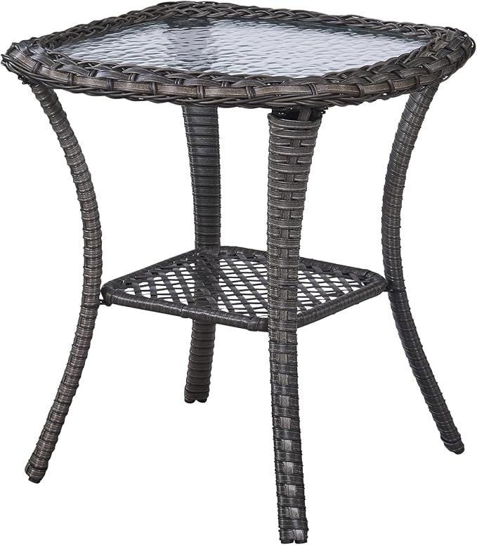 Outdoor Side Tables for Patio, Wicker/Rattan End Tables, Outdoor Wicker Side Table, Grey Rattan Glass Top Patio Side Table