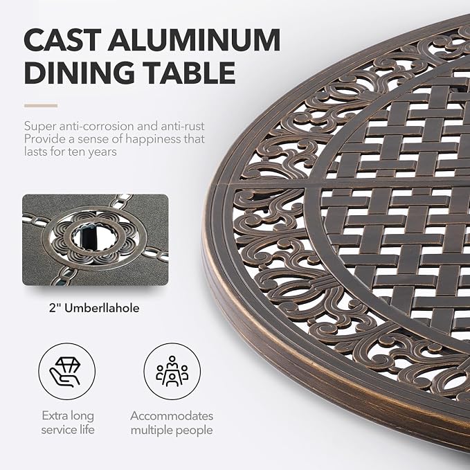 5 Piece Outdoor Dining Set Cast Aluminum, Retro Patio Dining Furniture Set for 4 Includes 54’’ Round Table 4 Chairs with Thicker Cushion and Umbrella Hole for Patio Deck Garden