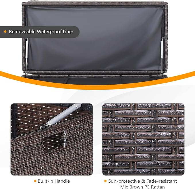 HAPPYGRILL 50 Gallon PE Wicker Deck Box, Outdoor Rattan Storage Box with Waterproof Liner and 2 Universal Wheels, Garden Furniture Container for Cushions Garden Tools