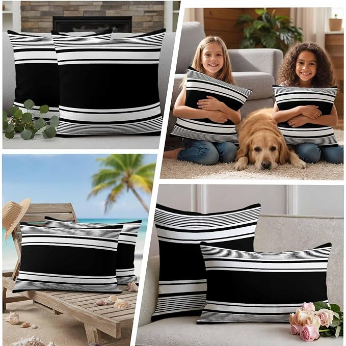 Outdoor Waterproof Throw Pillow Covers, Black Striped Decorative Pillow Cases, Modern Color Block Farmhouse Stripes Couch Pillow Protector Patio Sofa Cushion Covers Replacement 20"x20" 2 Pack