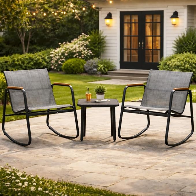 Kozyard 3 Piece Rocking Chair Set, Outdoor Rocking Textilene Bistro Set with Wooden Armrests, Outdoor Patio Furniture Set with Glass Table for Lawn, Porch, Yard, Garden, Balcony, Poolside Gray