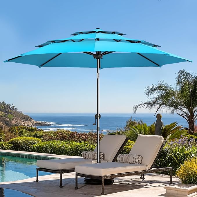 wikiwiki 9ft 3-Tier Patio Umbrella Outdoor Table Market Umbrella for Patio with Push Button Tilt/Crank, Fade Resistant Waterproof POLYESTER Canopy for Garden, Lawn, Deck, Backyard & Pool, Sky Blue