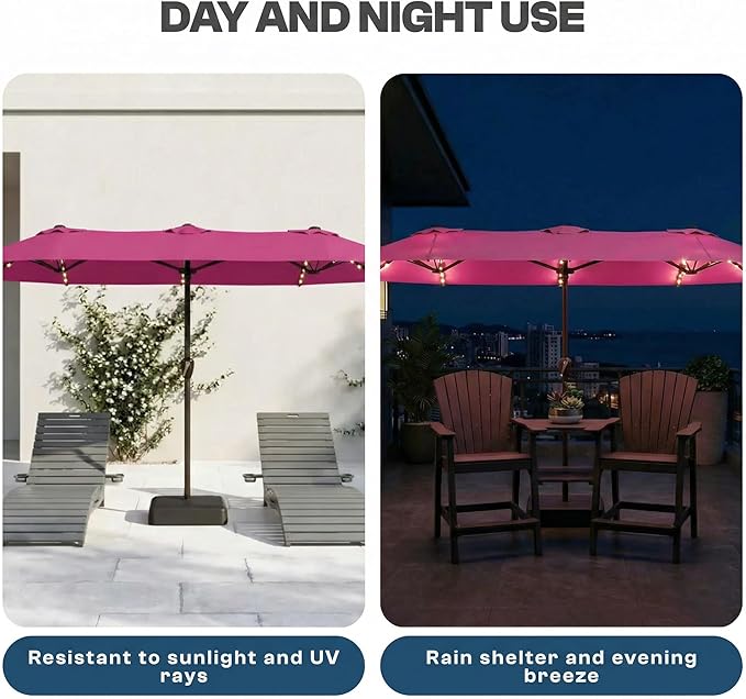 15FT Patio Umbrella with Solar Lights, Double-Sided Extra Large Outdoor Table Umbrella with Base Included, Heavy-Duty 12 Iron Ribs Market Umbrella for Garden, Pool, Backyard, Rose Pink