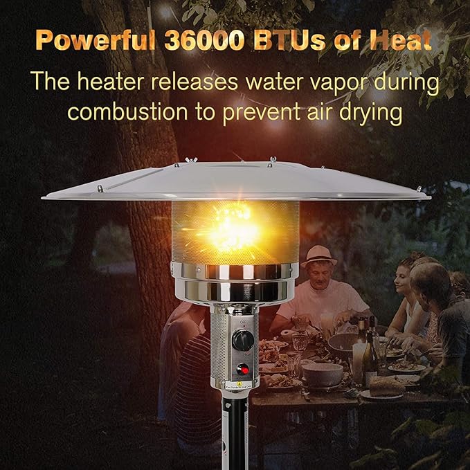 Patio Heater, Outdoor Propane Patio Heater with Iron Burner, Heat Focusing Reflector, Safety Auto Shut Off Valve, Wheels, Adjustable Heat, 36,000 BTU Outdoor Heater for Commercial & Residential Silver
