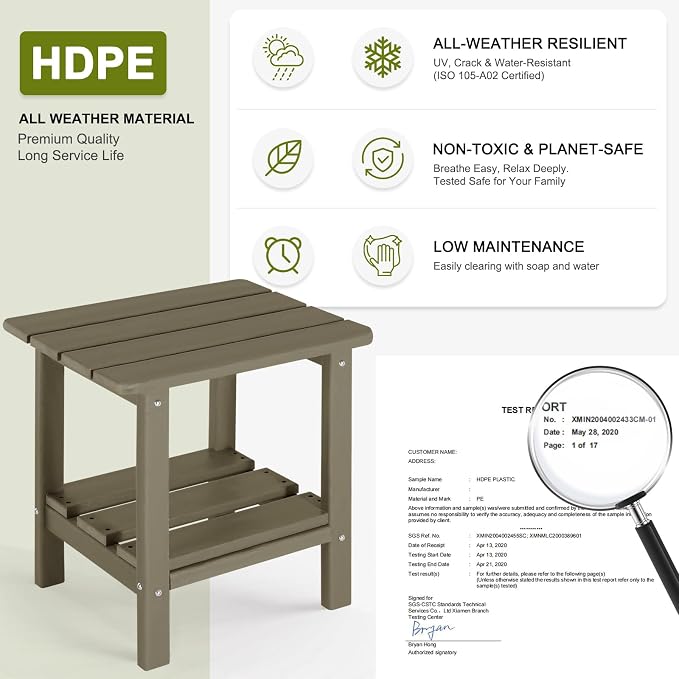Adirondack Outdoor Side Table, 2-Tier Small Patio End Table, Weather Resistant HDPE Outdoor End Tables for Garden, Lawn, Pool, Beach, Porch, Deck, Backyard - Square, Light Brown