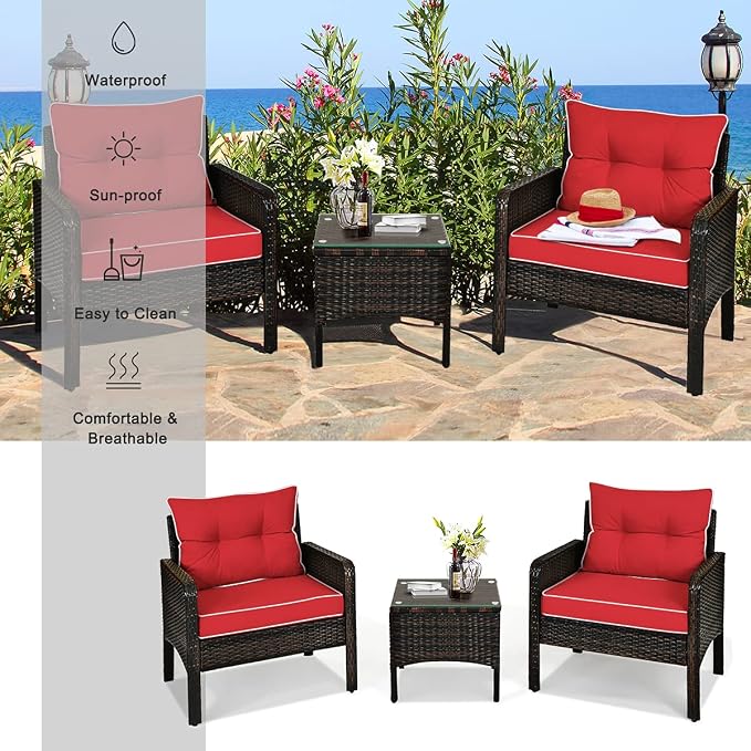 DORTALA Small Patio Furniture Set 3 Piece, Wicker Outdoor Table and Chairs Set with Cushions, All Weather Rattan Conversation Bistro Set for Balcony, Porch, Backyard, Deck, Red