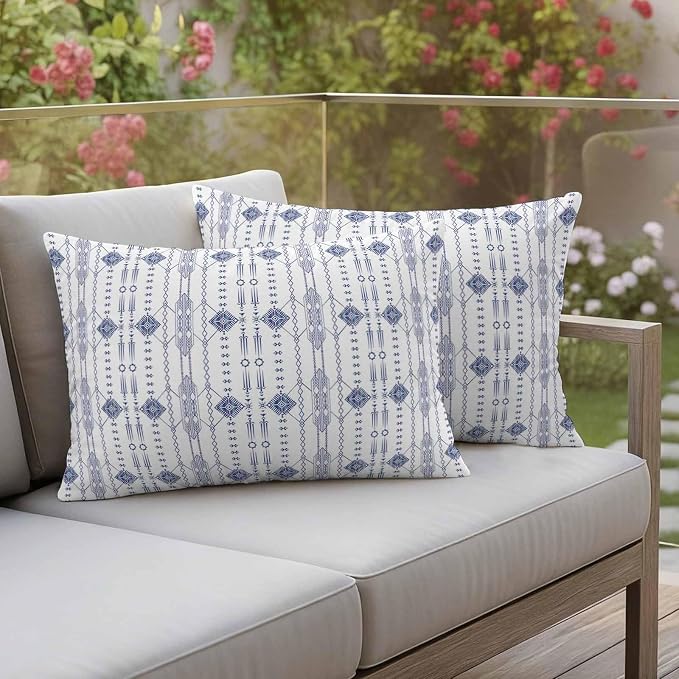Outdoor Waterproof Pillow Covers Ikat Ethnic Seamless Decorative Throw Pillow Protectors,Indian Tribal Texture on White Pillowcase Cushion Cases for Patio Sofa Garden Couch,20x12in,Pack of 2