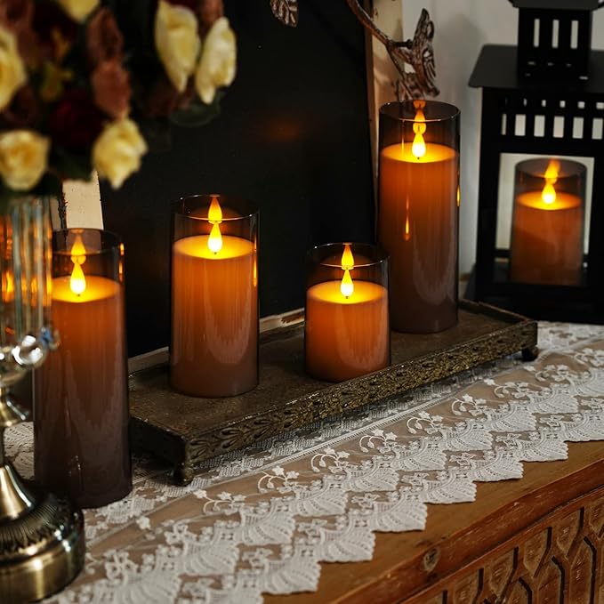 Homemory Gray Flickering Flameless Candles, Battery Operated Acrylic LED Pillar Candles with Remote Control and Timer, Halloween Decor, Set of 9