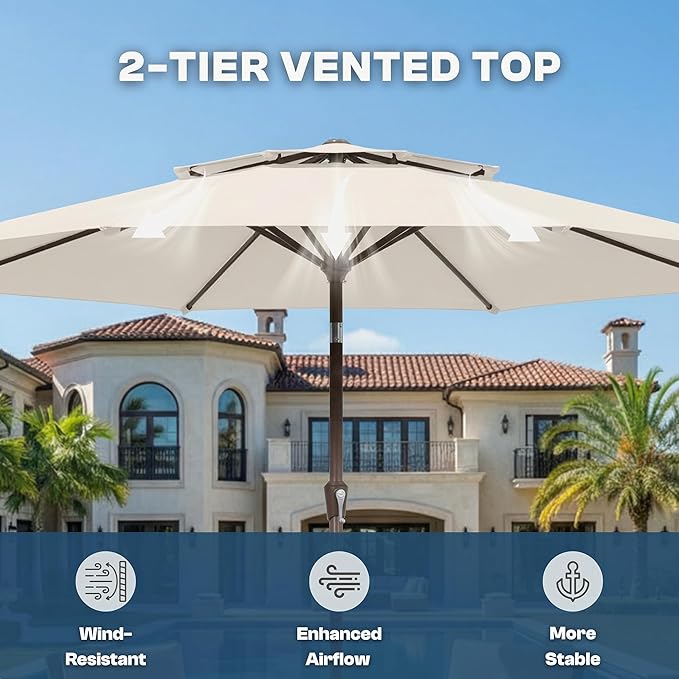 Outdoor Patio Umbrella, 2 Tiers Market Table Umbrella with 8 Sturdy Ribs, Push Button Tilt and Crank, UPF50+ UV Protection for Deck, Pool, Garden and Backyard