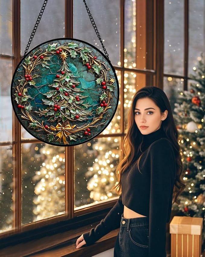 DASTOLL Stained Glass Window Hangings - Red Gold Green Wreath Suncatcher for Door Home Christmas Tree Decoration Sun Catcher Thanksgiving New Year Birthday Gift for Women Men Mom Grandma 6.3 in