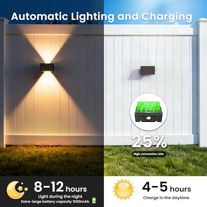 Solar Fence Lights Outdoor, 10 Pack White & RGB Up and Down Solar Wall Lights, IP67 Waterproof LED Dusk to Dawn Solar Powered Fence Lights for Patio, Backyard, Deck, Garden, Yard, Outdoor Wall Decor