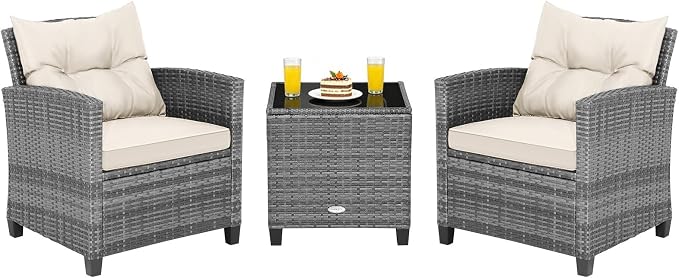 COSTWAY 3PCS Patio Furniture Set, PE Rattan Wicker Sofa w/Washable Cushion and Coffee Table, Tempered Glass Tabletop, Outdoor Conversation Set for Balcony, Porch, Yard, Backyard, Lawn (White)