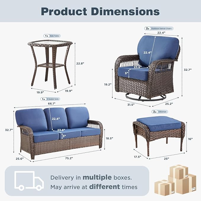 Belord 6 Piece Patio Set with Swivel Chairs,Patio Furniture for Deck Porch Garden,Outdoor Seating Conversation Furniture,Blue