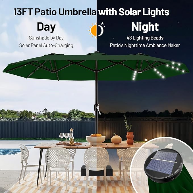 AreShark 13 FT Patio Umbrella with Solar Lights, Double-Sided Outdoor Table Umbrellas with Crank, Large Rectangular Market Umbrella for Porch, Lawn, Pool, Backyard, Dark Green