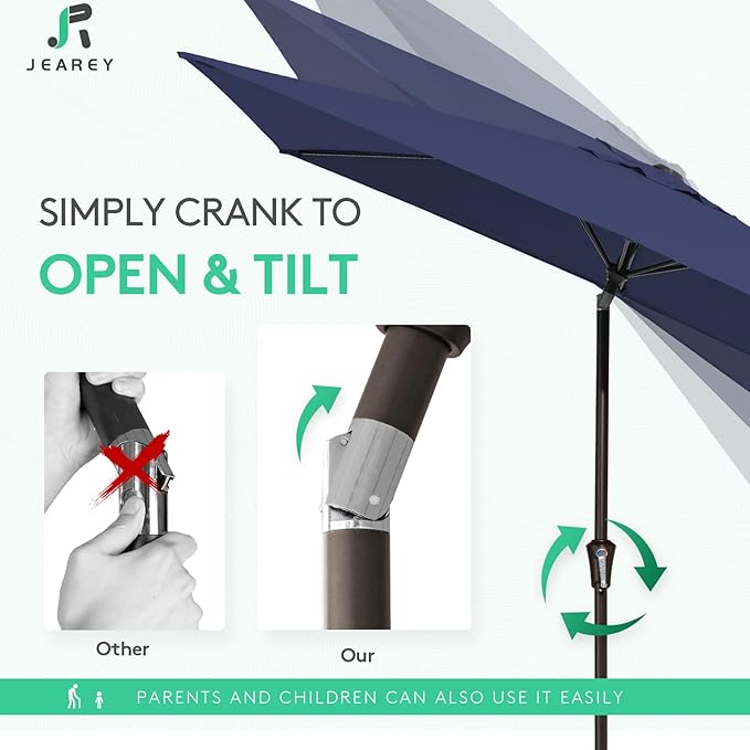 JEAREY 6.5x10ft Olefin Rectangular Patio Umbrella, Rectangle Outdoor Umbrellas with Auto Tilt Crank System, Market Table Umbrella UV Protection Fade-Resistant for Pool Deck Garden Yard, Navy